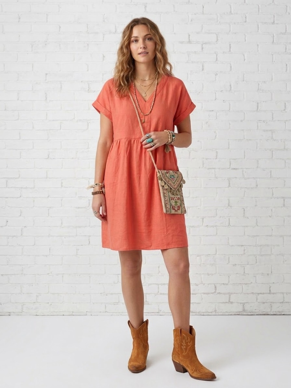 Briggs $40 NWT P2P20-22” Coral/Orange Linen Blend V-Neck Babydoll Shift Dress XL